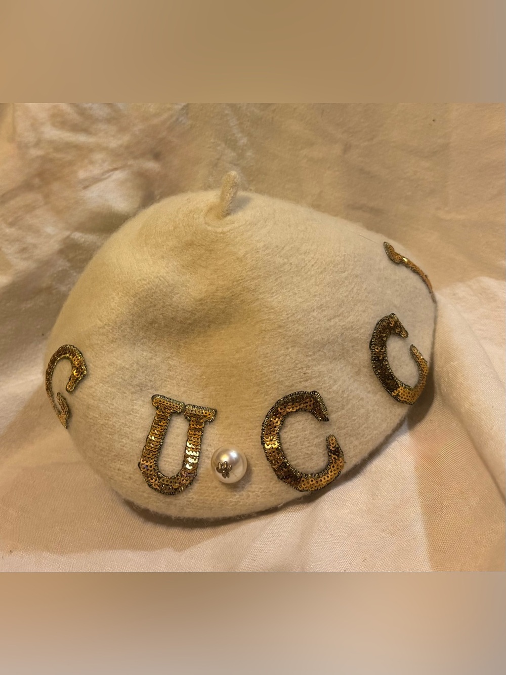 Cream faux Wool Beret with Gold Sequin Lettering and Pearl